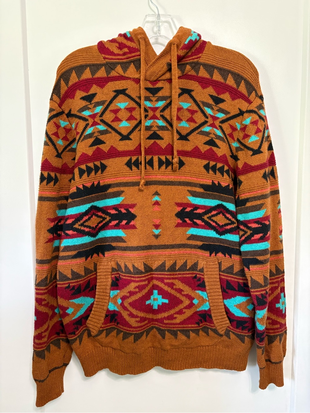 American Eagle Southwestern Aztec Knit Hoodie Sweater Men’s L Turquoise Soft